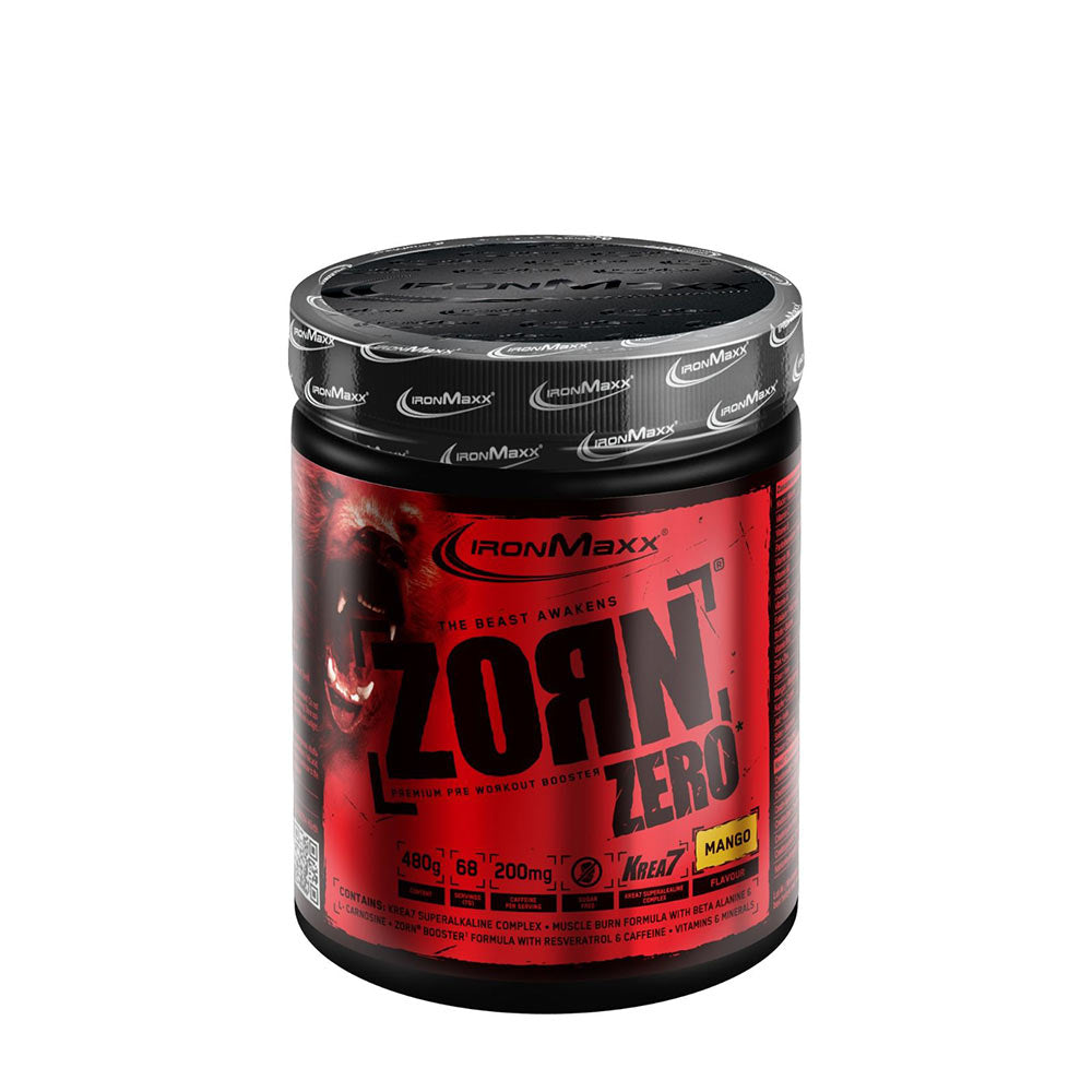 Ironmaxx Zorn Zero pre-workout powder with Krea7 complex, caffeine, amino acids, and minerals, available in mango flavor.