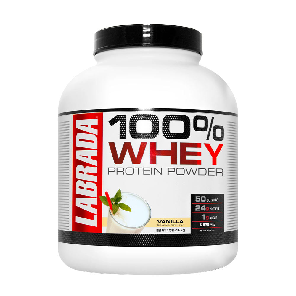 Labrada 100% Whey protein powder in vanilla flavor, gluten-free, rich in essential amino acids.