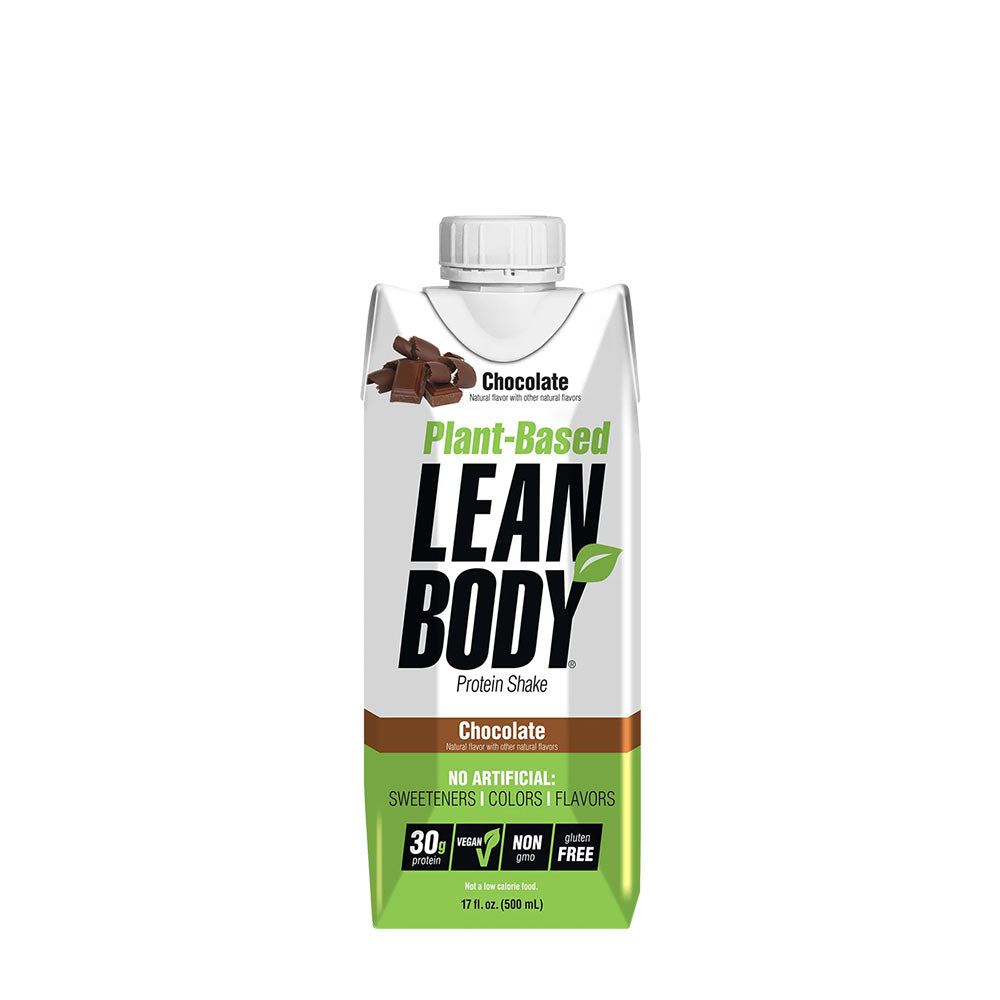 Labrada Lean Body Plant Based Protein Shake in chocolate flavor with 30g protein, vegan, gluten-free, no artificial additives.