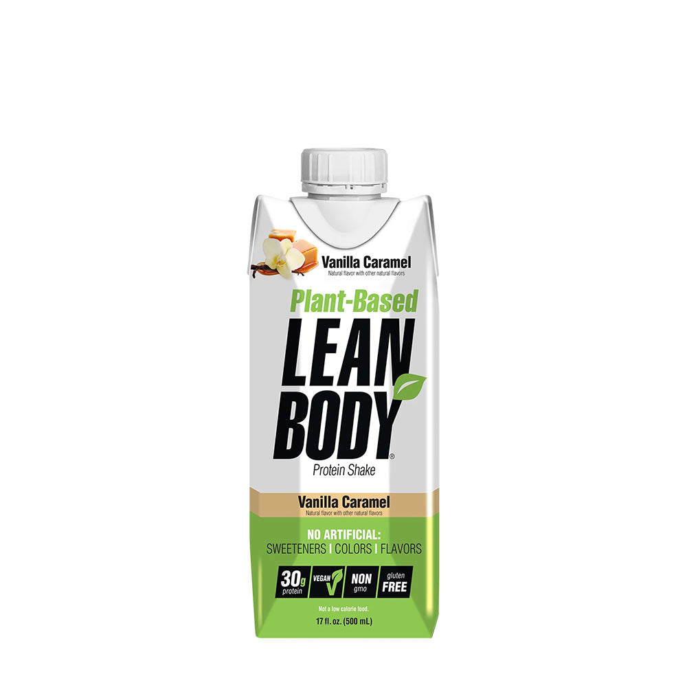 Labrada Lean Body Plant-Based Protein Shake in Vanilla Caramel flavor, vegan, gluten-free, no artificial additives.