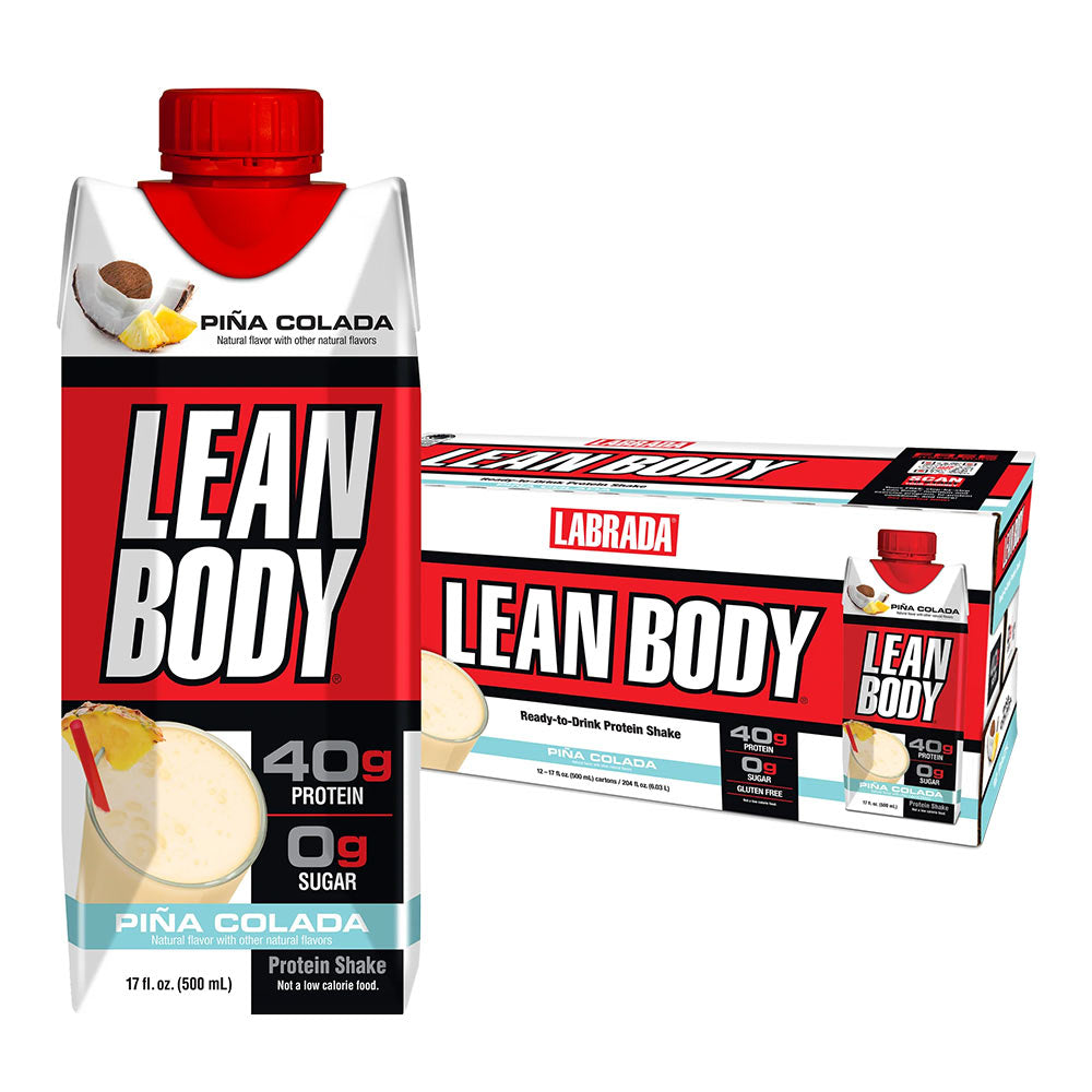 Labrada Lean Body Piña Colada protein shake, 40g protein, 0g sugar, ready-to-drink, convenient nutrition.