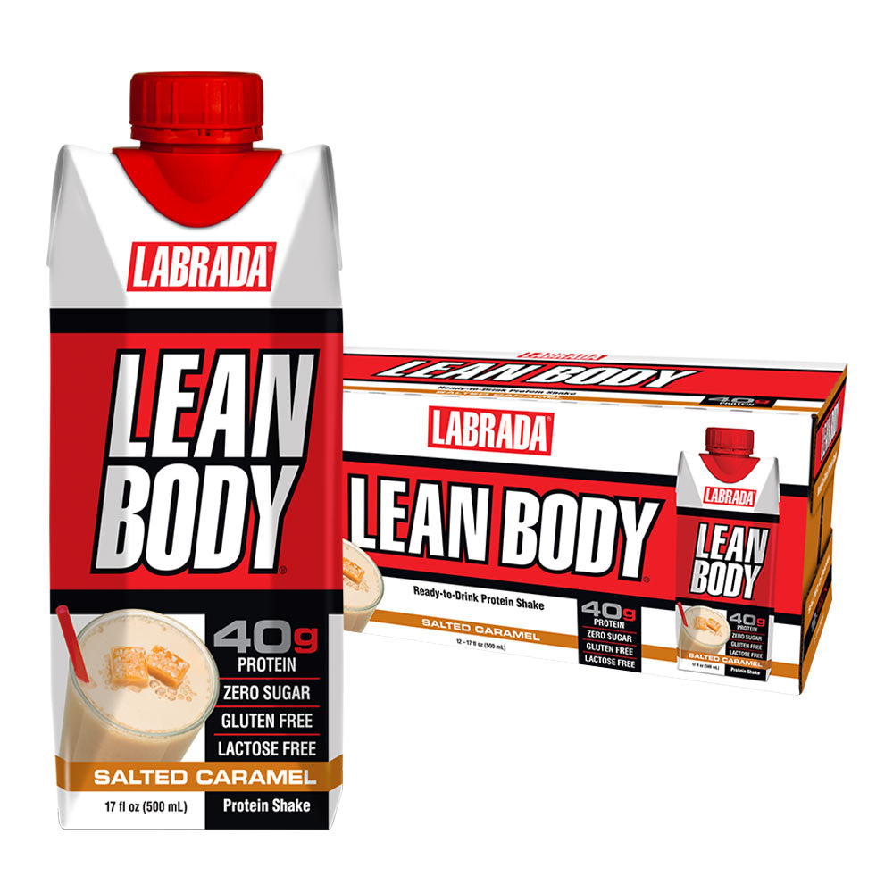 Labrada Lean Body Salted Caramel Protein Shake packaging with ready-to-drink features and 40g protein per serving.
