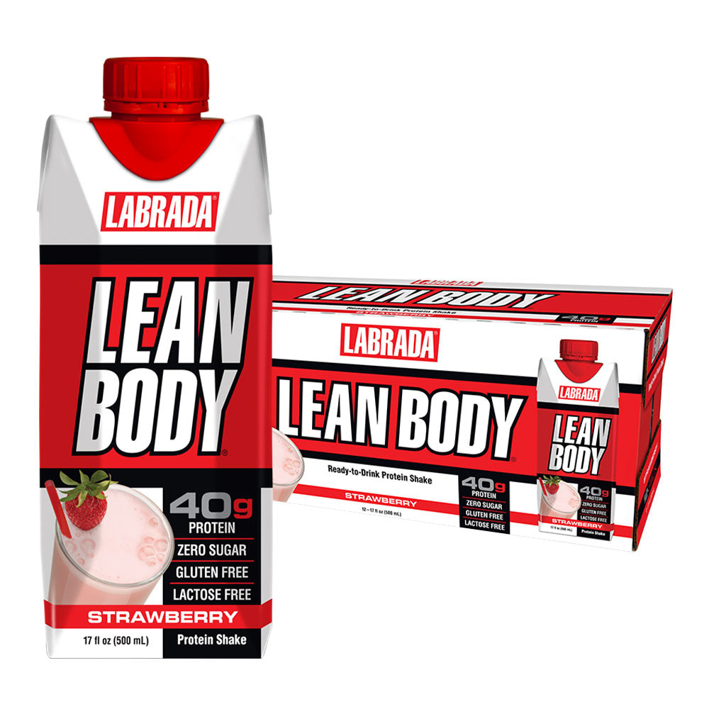 Labrada Lean Body Ready-to-Drink Protein Shake with strawberry flavor, 40g protein, zero sugar, gluten-free packaging.