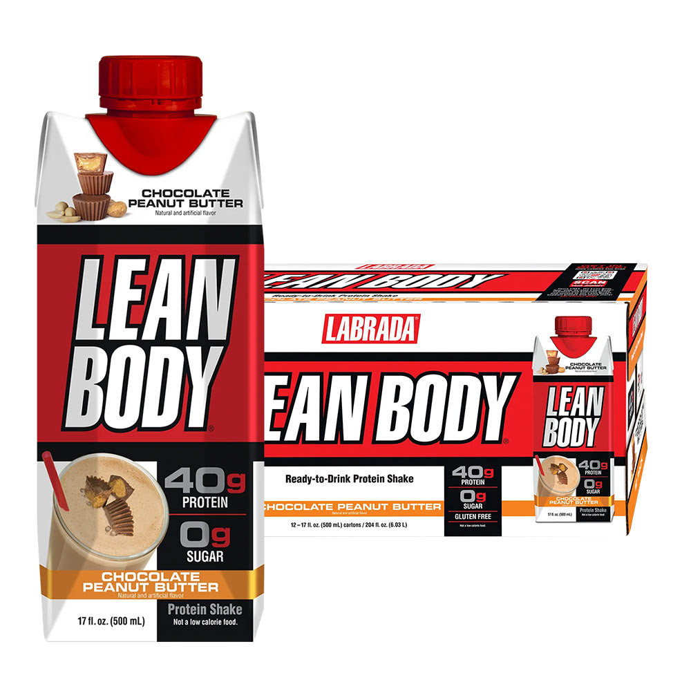 Labrada Lean Body Ready-to-Drink Protein Shake in Chocolate Peanut Butter flavor, featuring 40g protein and 0g sugar.
