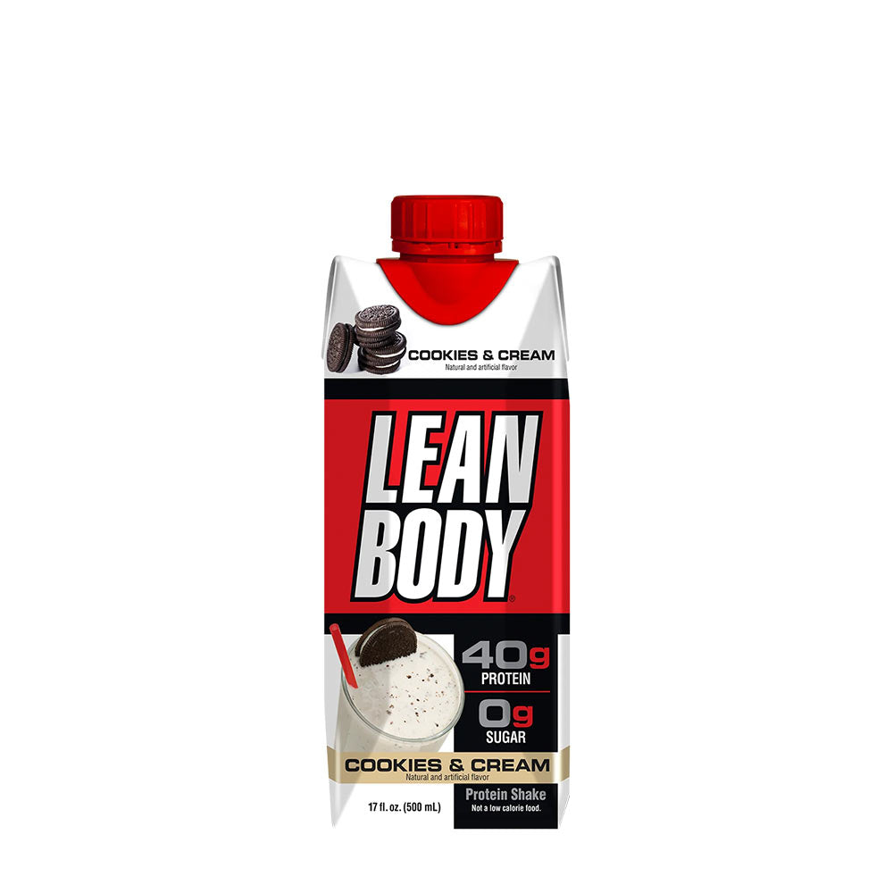 Labrada Lean Body Cookies & Cream Protein Shake with 40g protein and 0g sugar, 17 fl oz packaging.