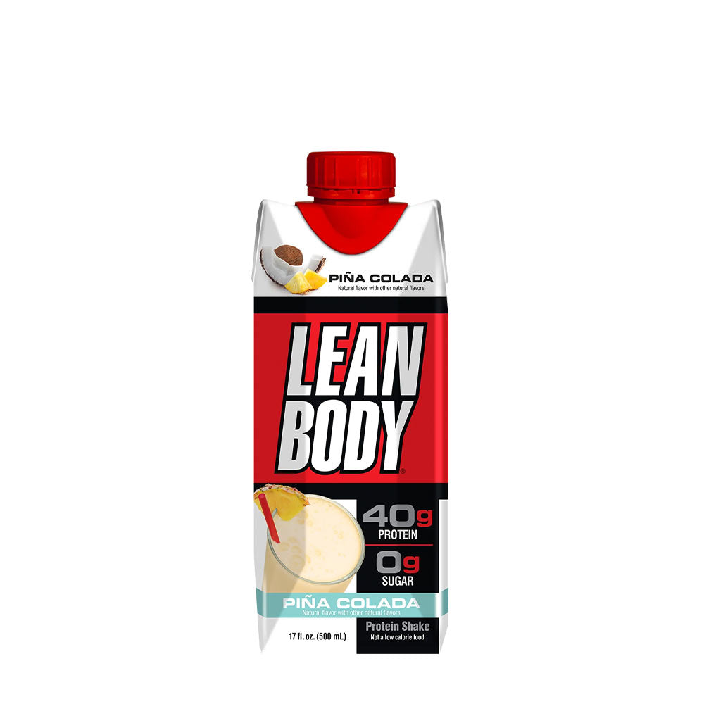 Labrada Lean Body Pina Colada protein shake packaging with 40g protein and 0g sugar, ideal for healthy snacking.