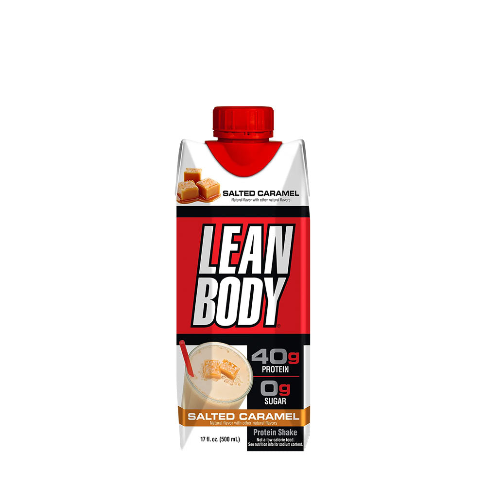 Labrada Lean Body Salted Caramel Protein Shake with 40g protein and 0g sugar, 17 fl oz carton.