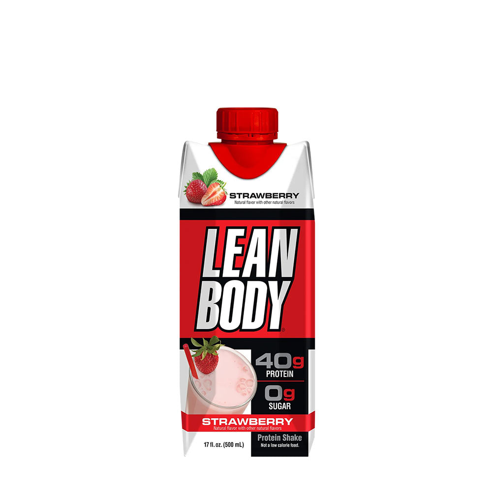 Labrada Lean Body ready-to-drink protein shake in strawberry flavor with 40g protein and 0g sugar.