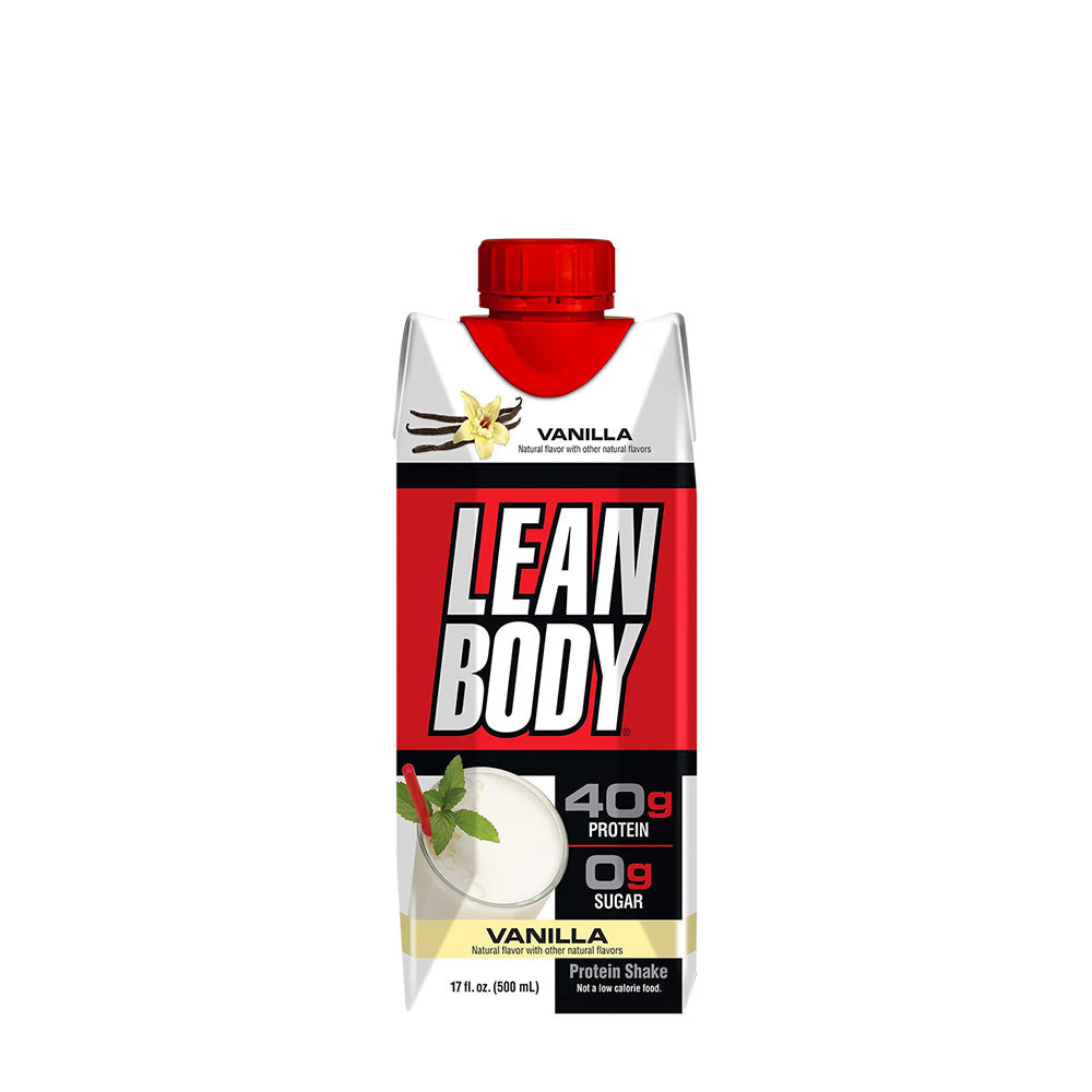 Labrada Lean Body ready-to-drink protein shake in vanilla flavor, with 40g protein and 0g sugar, packaged for convenience.