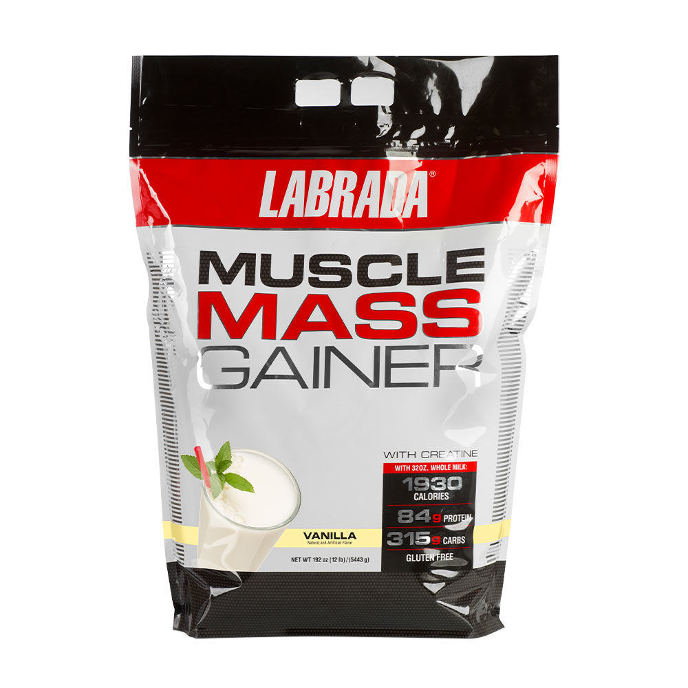 Labrada Muscle Mass Gainer bag in vanilla flavor, high-calorie protein supplement for muscle growth.