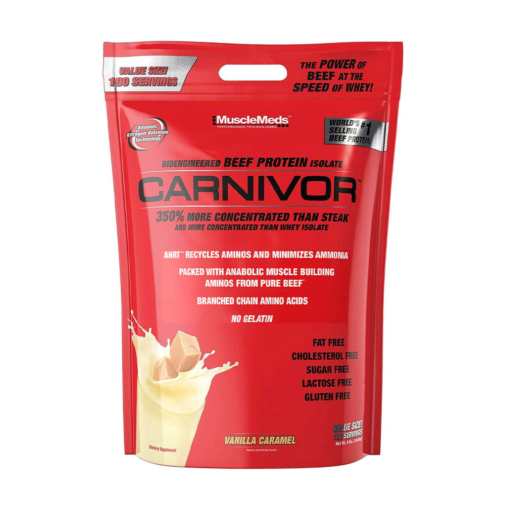 MuscleMeds Carnivor beef protein isolate bag, 23g protein per serving, lactose-free, gluten-free.