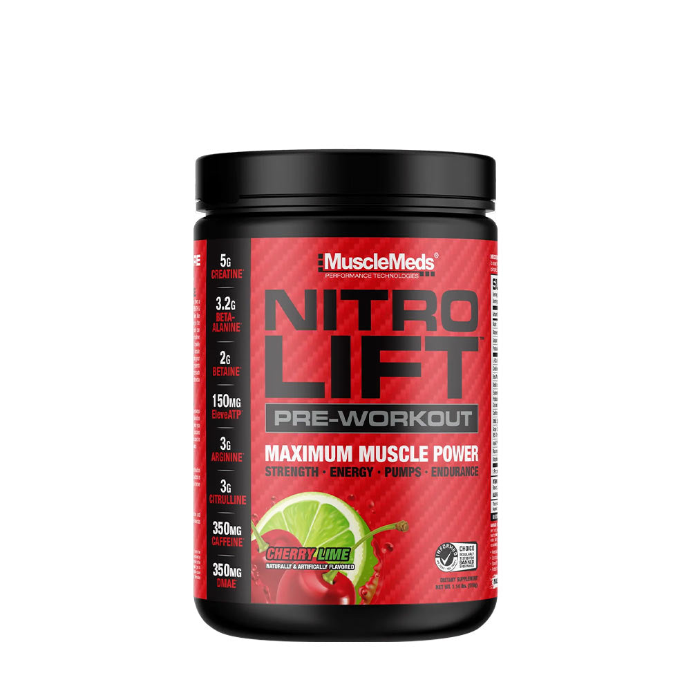 MuscleMeds Nitrolift pre-workout supplement in Cherry Lime flavor for strength and energy.