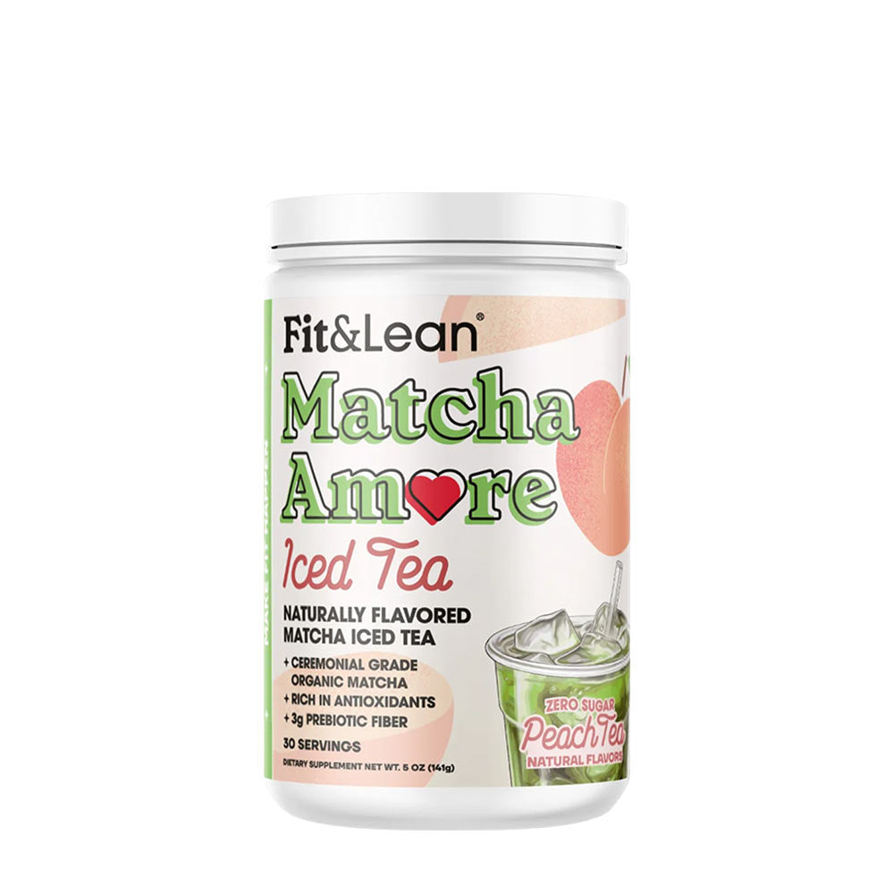 Fit & Lean Matcha Amore Iced Tea container featuring peach flavor and natural ingredients.