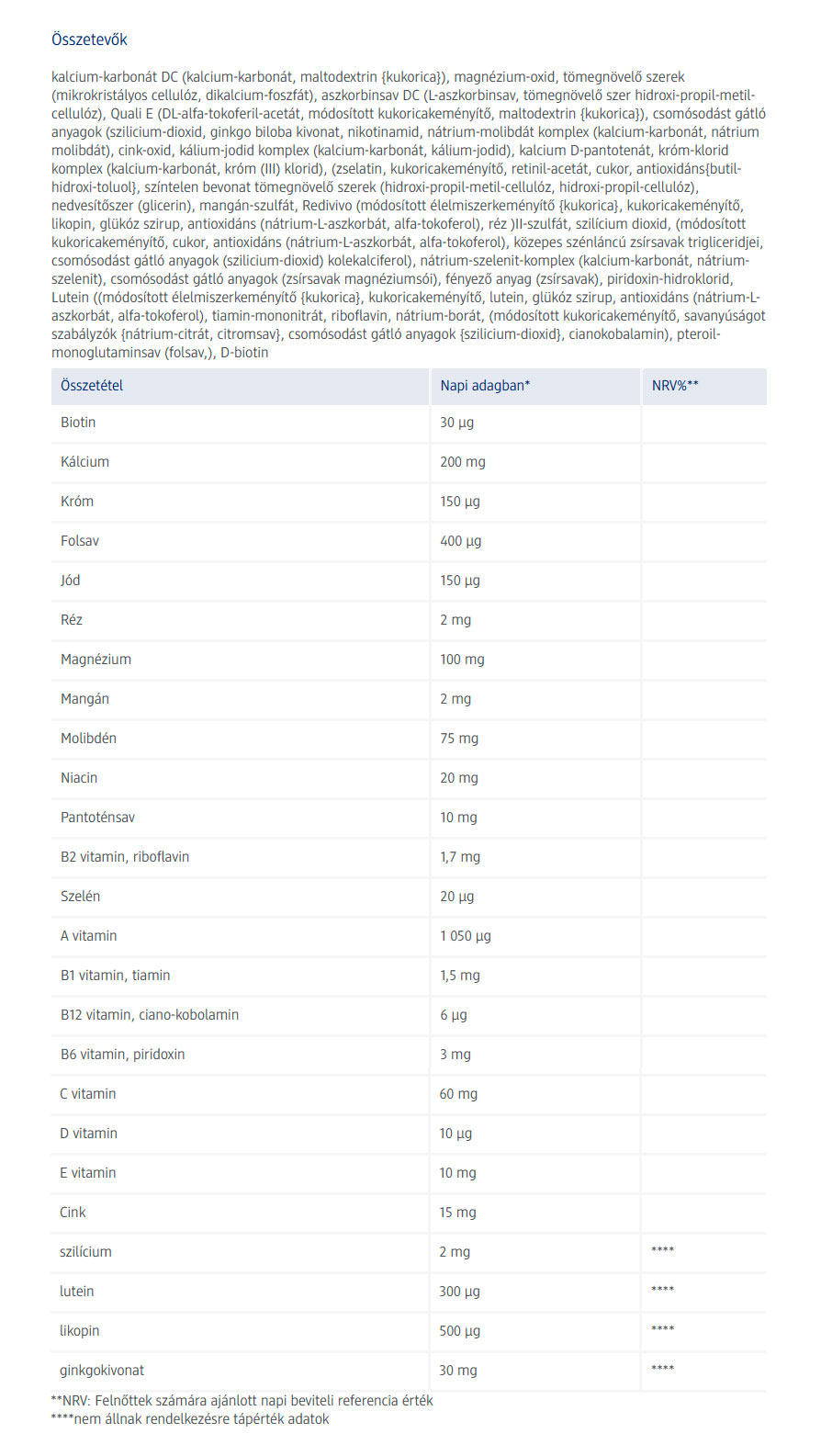 Immuner Tabs baksida med näringsinformation