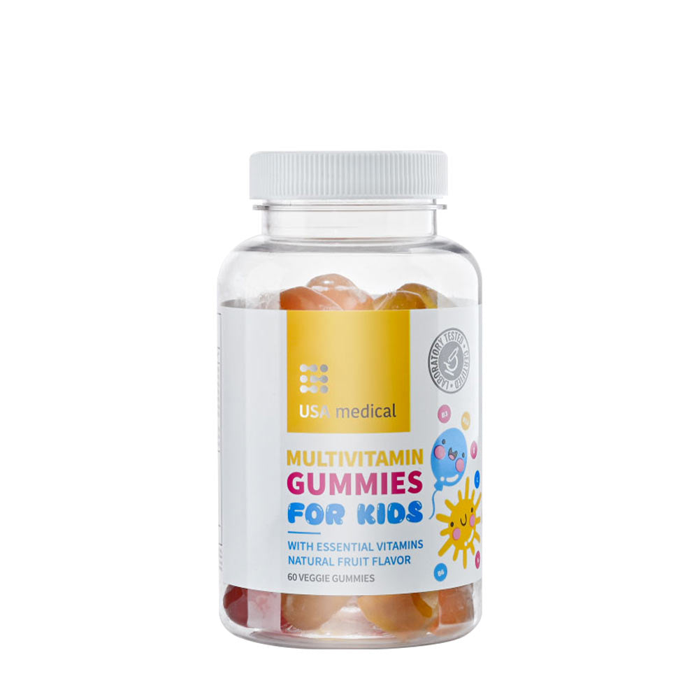 USA Medical Multivitamin Gummies for Kids in a clear bottle, featuring natural fruit flavors and vegan-friendly ingredients.