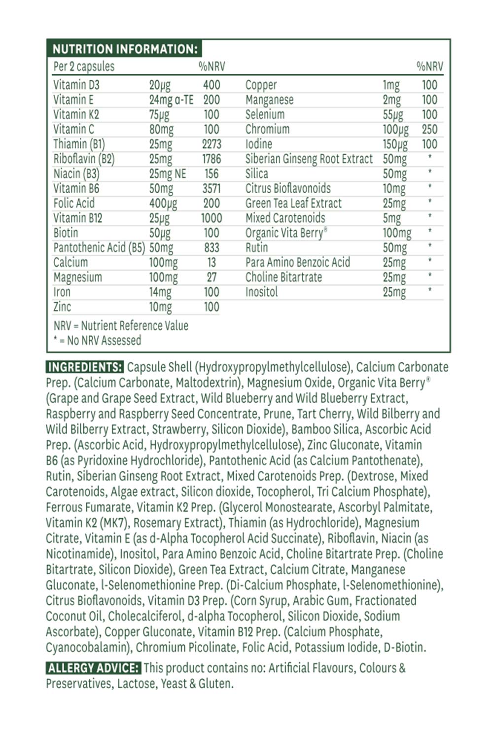 Natures Aid Women Multi-Nutrient baksida näringsfakta