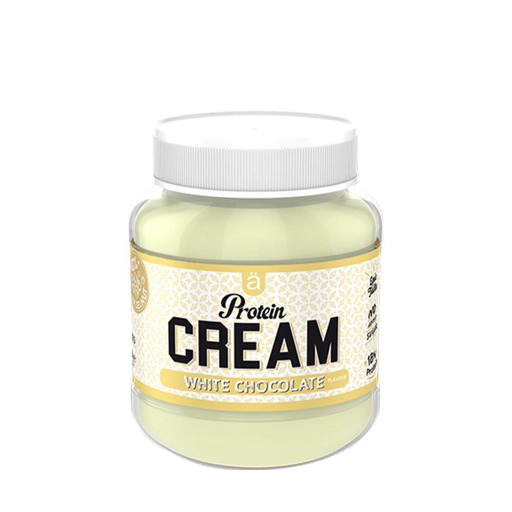 Nanosupps Protein Cream in White Chocolate flavor, rich in protein and low in sugar, packed in a clear jar.