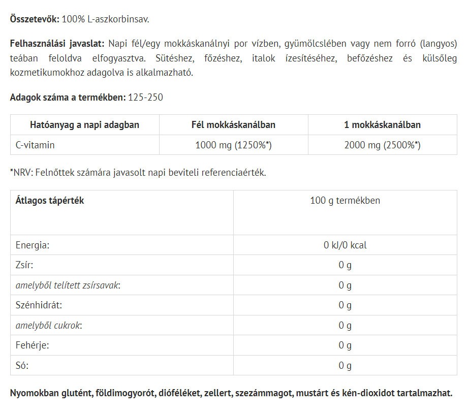 Vitamin C-pulver – 250g baksida näringsinformation