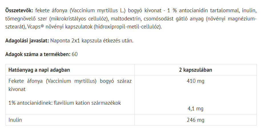 Blåbärskapslar med Inulin baksida näringsfakta