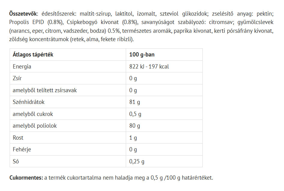 Propoli Plus EPID Jelly Junior baksida näringsinformation