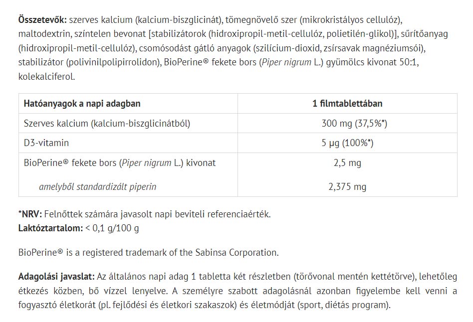 Natur Tanya Calcium Bisglycinate baksida näringsfakta