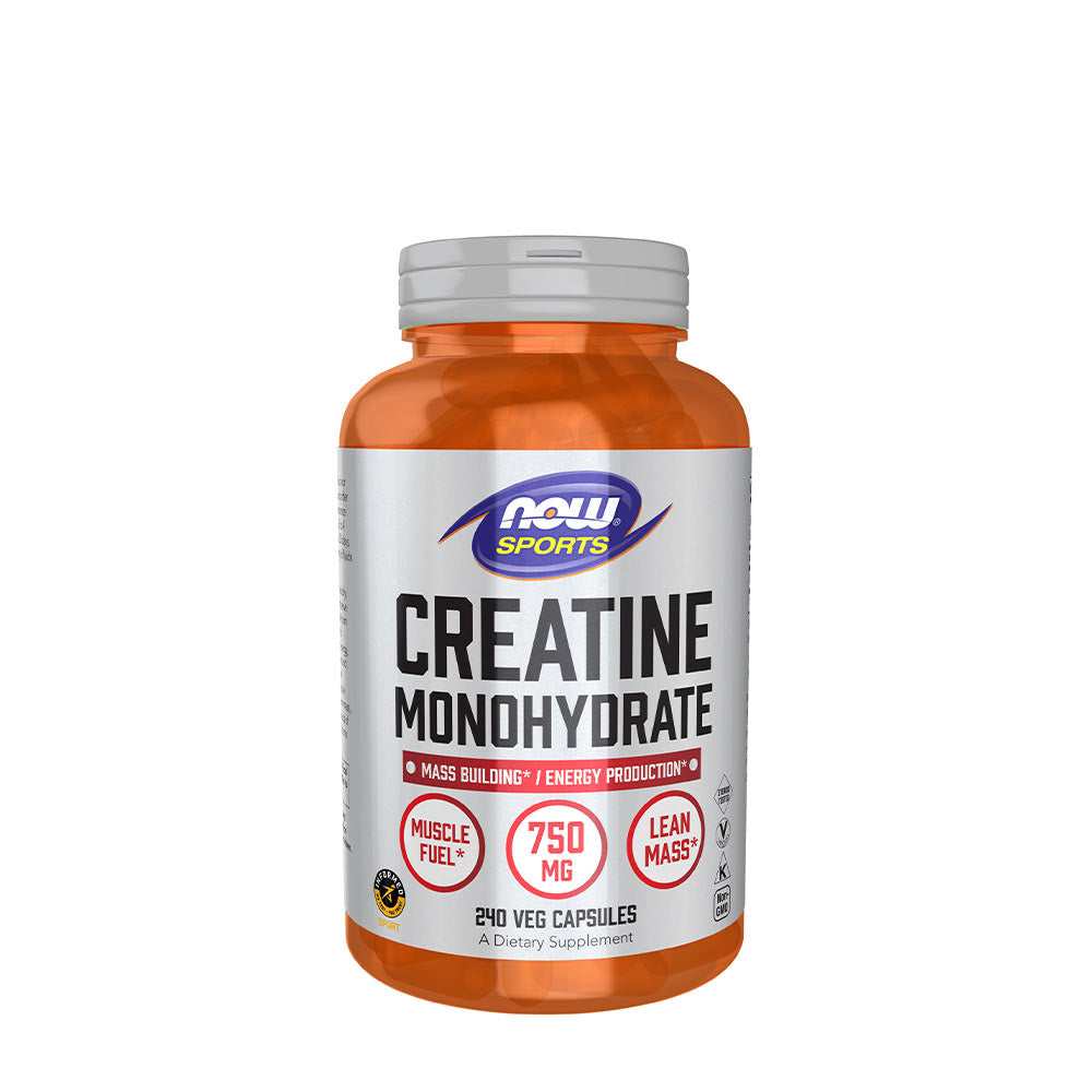 Now Foods Creatine Monohydrate 750 mg supplement for muscle strength and recovery, in a 240 vegan capsule bottle.