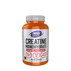 Now Foods Creatine Monohydrate 750 mg supplement for muscle strength and recovery, in a 240 vegan capsule bottle.