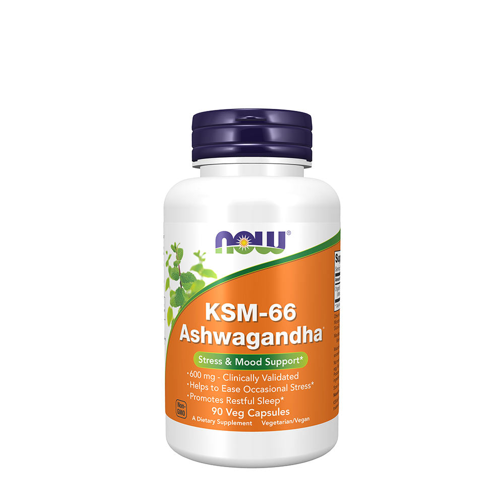 Now Foods KSM-66 Ashwagandha 90 Veg Capsules for stress relief and improved sleep.
