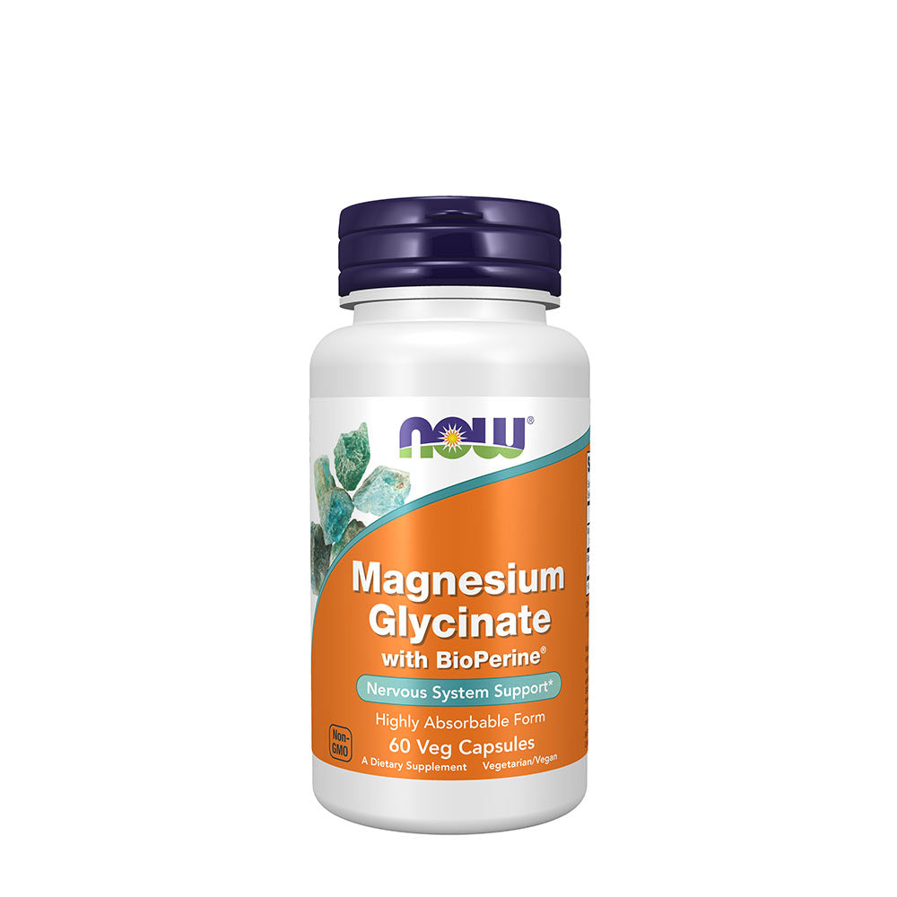 Now Foods Magnesium Glycinate with BioPerine® bottle, supports energy and muscle function in 60 veg capsules.
