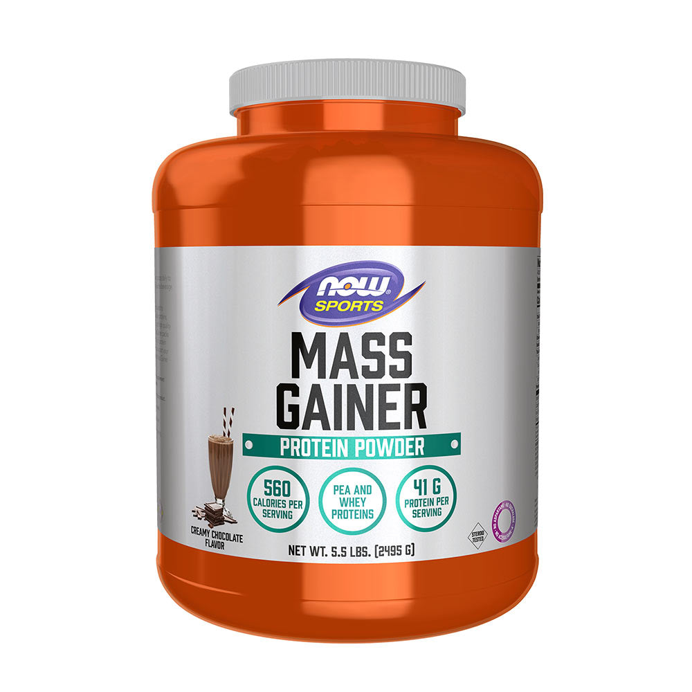 NOW Sports Mass Gainer Protein Powder in an orange container, offering 560 calories and 41g protein per serving.