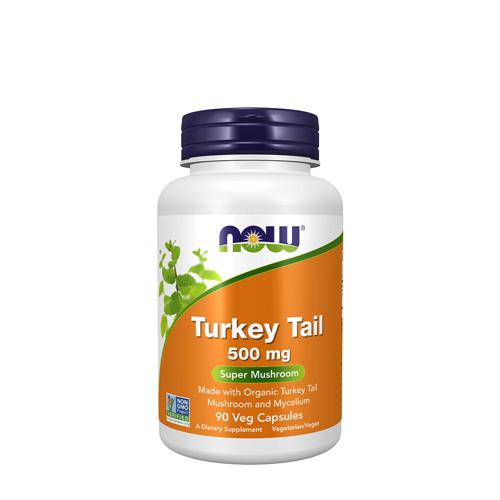 Now Foods Turkey Tail 500 mg supplement, 90 veg capsules, supports immune health with bioactive compounds.