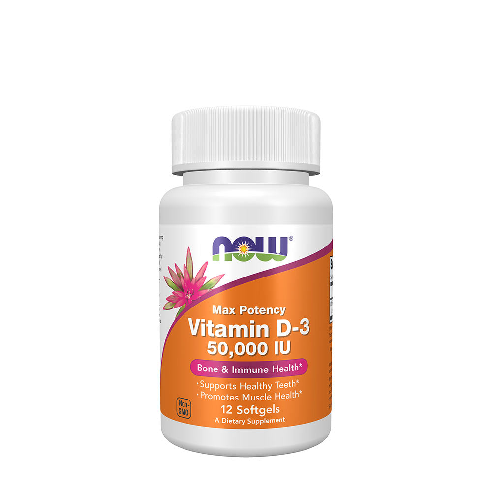 Now Foods Max Potency Vitamin D-3 50,000 IU dietary supplement for bone and immune health in a softgel bottle.