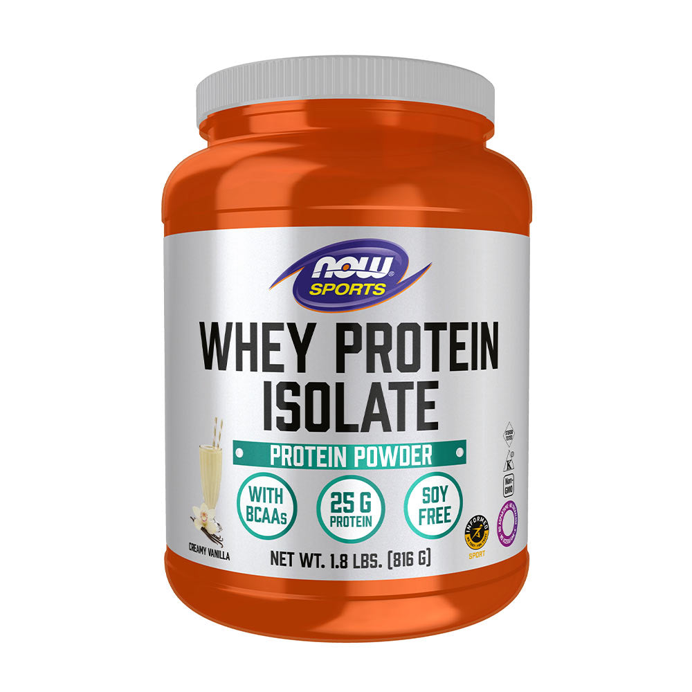 NOW Sports Whey Protein Isolate protein powder, 25g protein, with BCAAs, creamy vanilla flavor, soy-free.