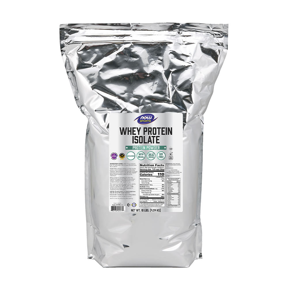 NOW Whey Protein Isolate packaging featuring nutrition facts and BCAA benefits for muscle recovery.