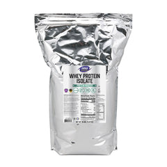 NOW Whey Protein Isolate packaging featuring nutrition facts and BCAA benefits for muscle recovery.