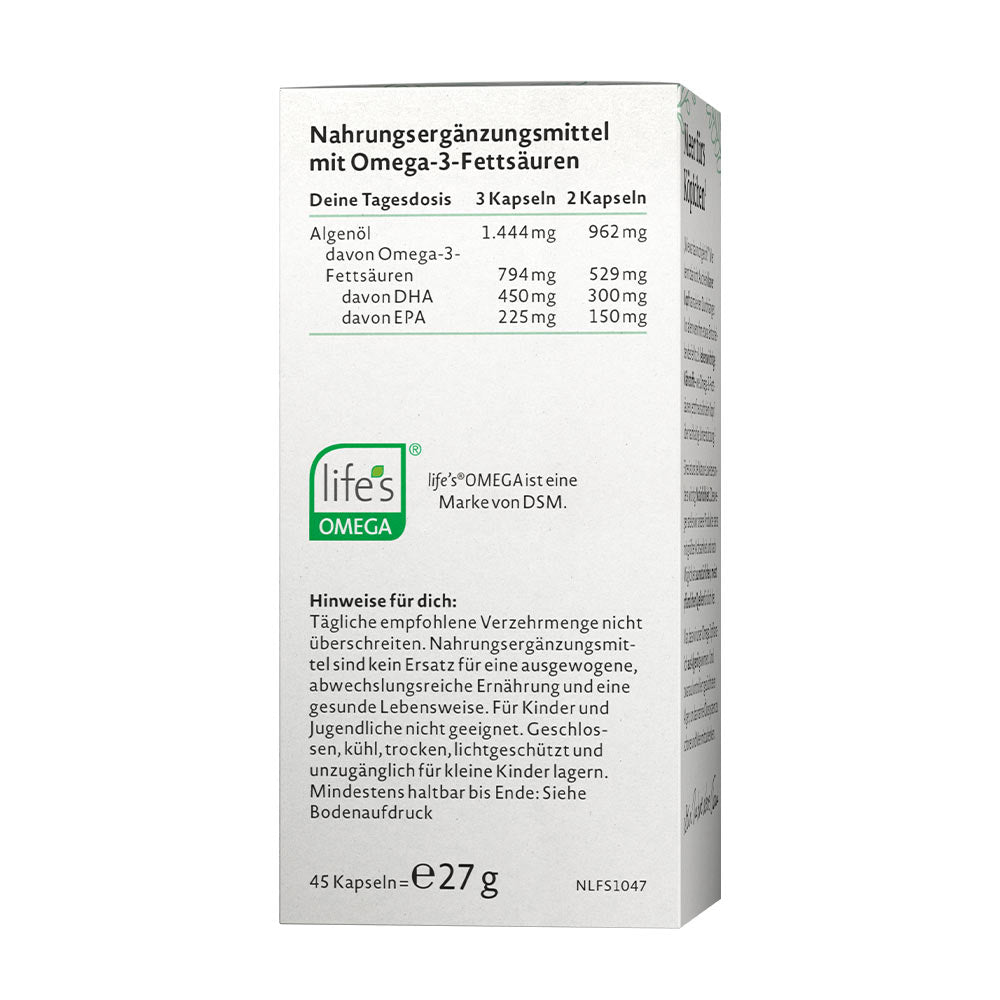 Vegan Omega-3 Algeolja baksida näringsfakta