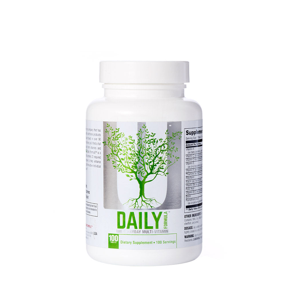 Universal Nutrition Daily Formula multivitamin bottle with green tree design, 100 servings for overall health and energy.