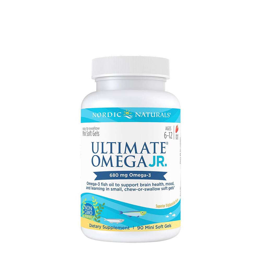 Nordic Naturals Ultimate Omega Junior, 680 mg Omega-3 for kids, promotes brain health and learning, strawberry flavor.