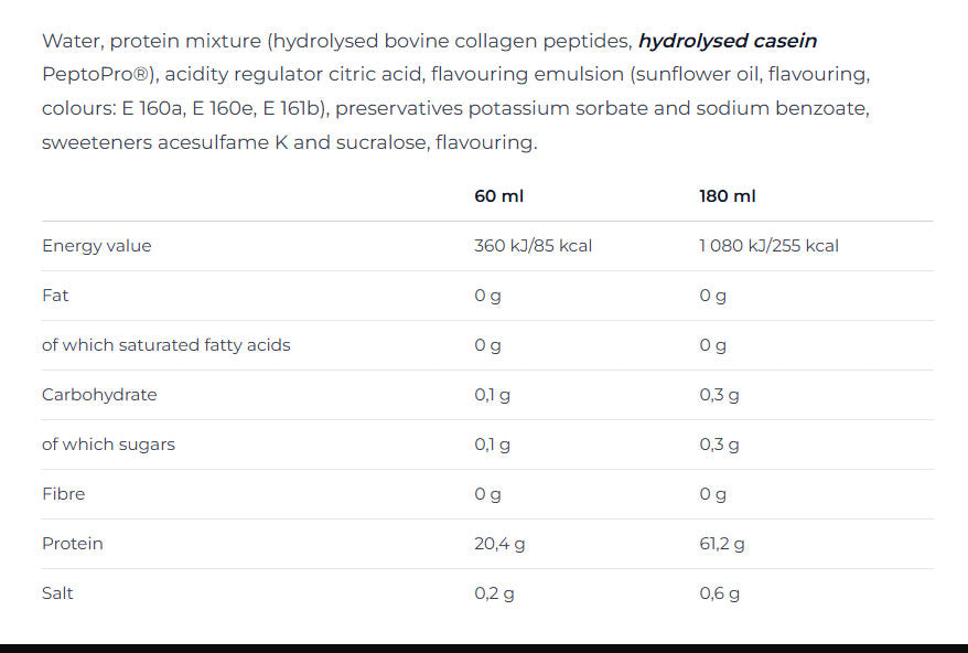Nutrend Protein Shot ingredienser etikett