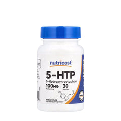 Nutricost 5-HTP supplement bottle, 100 mg, 30 capsules for natural mood enhancement and improved sleep quality.