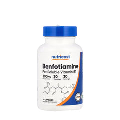 Nutricost Benfotiamine supplement bottle featuring 300 mg, 30 capsules, fat-soluble Vitamin B1.