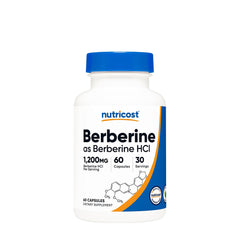 Nutricost Berberine HCl dietary supplement bottle with 1200mg per serving, 60 capsules, vegetarian-friendly.