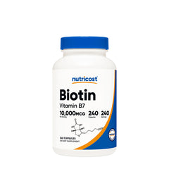 Nutricost Biotin Vitamin B7 supplement, 240 capsules, supports hair, skin, nails, non-GMO, gluten-free.