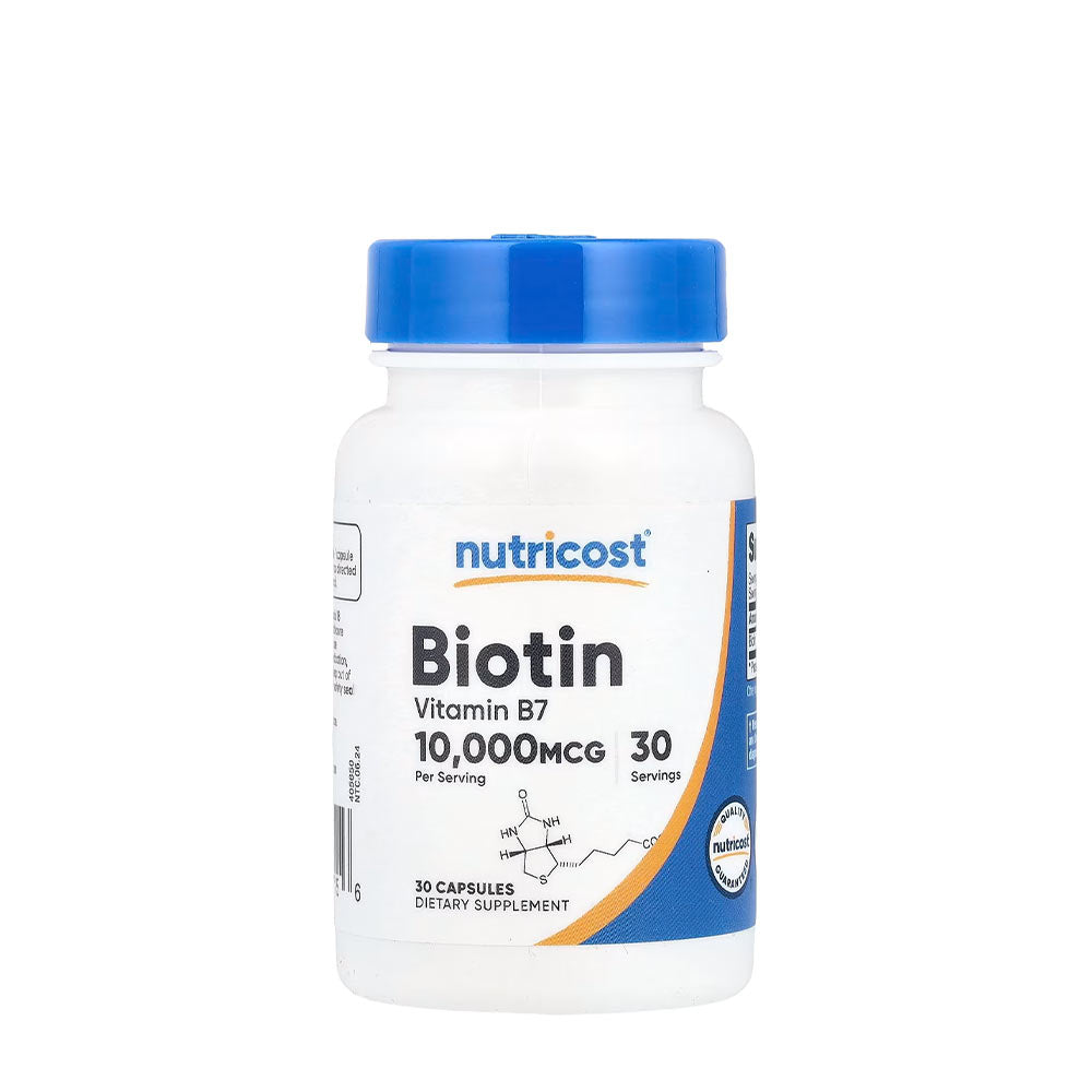 Nutricost Biotin bottle with 10,000MCG per serving, 30 capsules for hair, skin, and nails support.