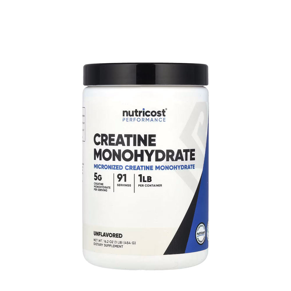 Nutricost Creatine Monohydrate Powder in a 1 lb container, offering 91 servings of micronized creatine.