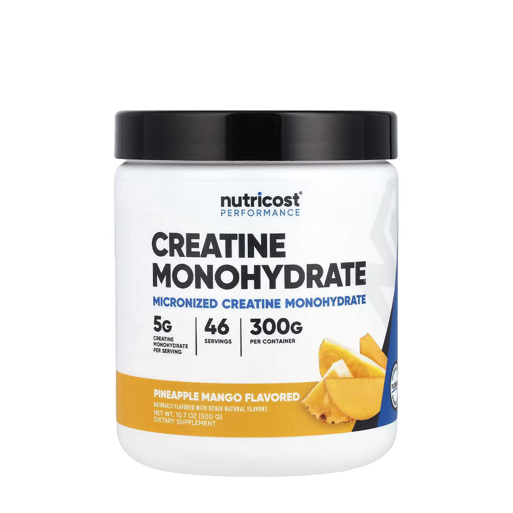 Nutricost Creatine Monohydrate Powder with pineapple mango flavor, 300g container, 46 servings.