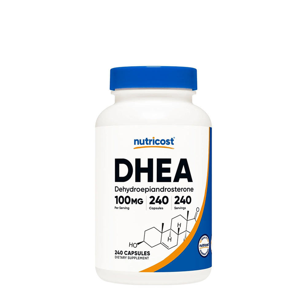 Nutricost DHEA dietary supplement, 100 mg per capsule, 240 capsules per bottle, non-GMO, gluten-free.