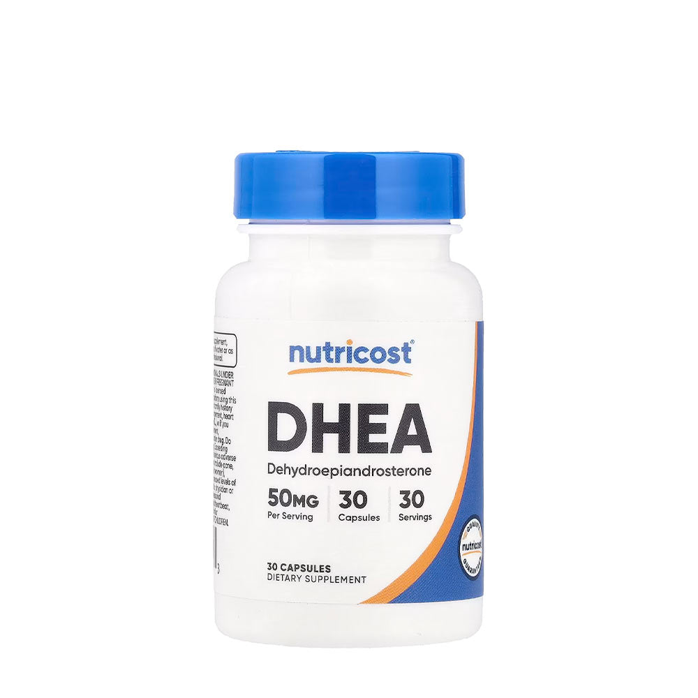 Nutricost DHEA supplement bottle, 50 mg per capsule, 30 capsules, dietary supplement for hormonal balance.