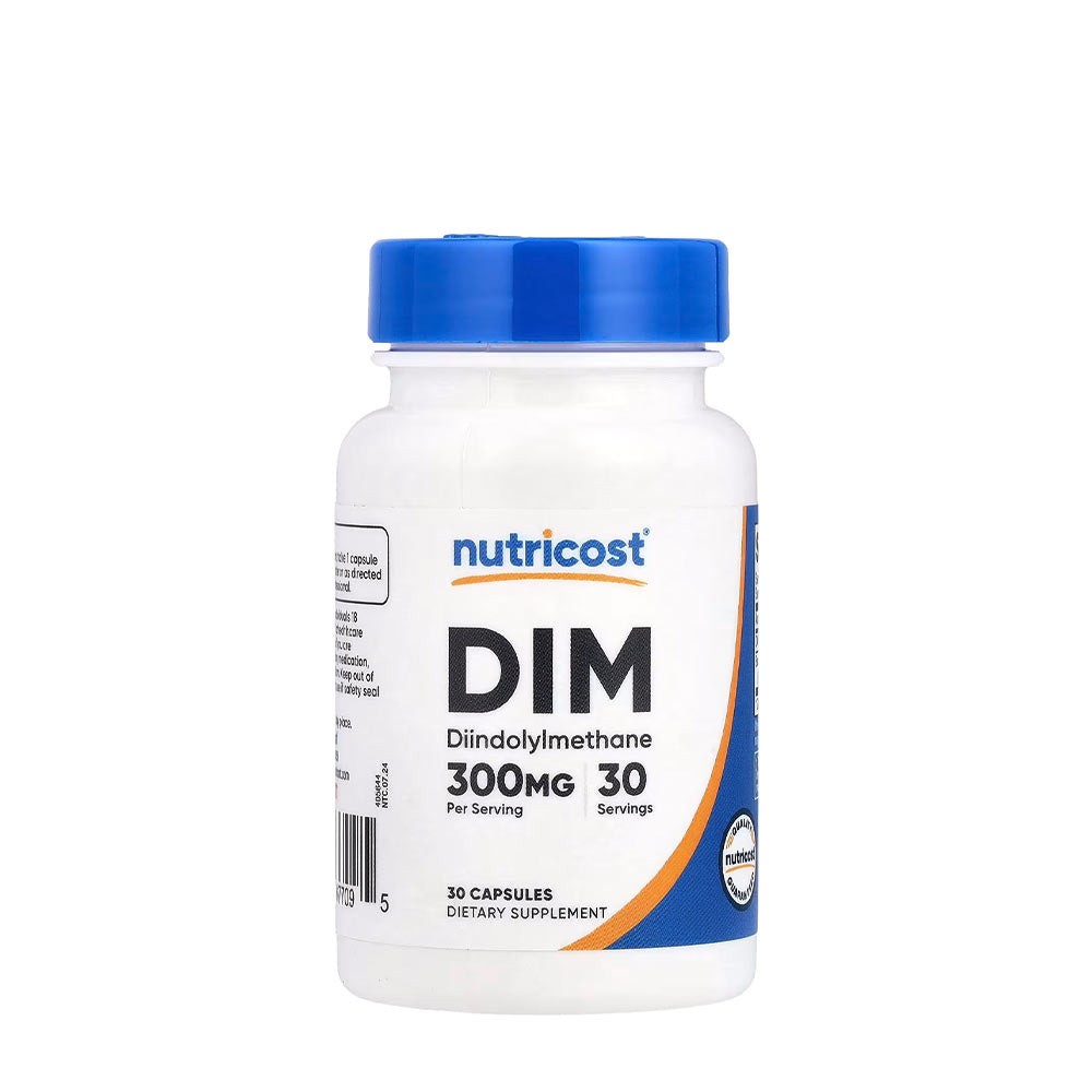 Nutricost DIM Capsules 300 mg dietary supplement bottle with 30 servings for enhanced absorption.