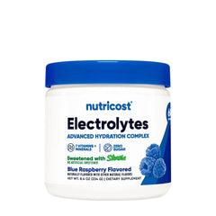 Nutricost Electrolytes Complex jar, blue raspberry flavor, advanced hydration with 7 vitamins and minerals.